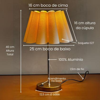 Kit 2 Abajur Luminaria Redondo Especial Alumínio Base Interruptor Bivolt Com Pétala Cupula bege - TANGERINA Imagem de Kit 2 Abajur Luminaria Redondo Especial Alumínio Base Interruptor Bivolt Com Pétala Cupula bege