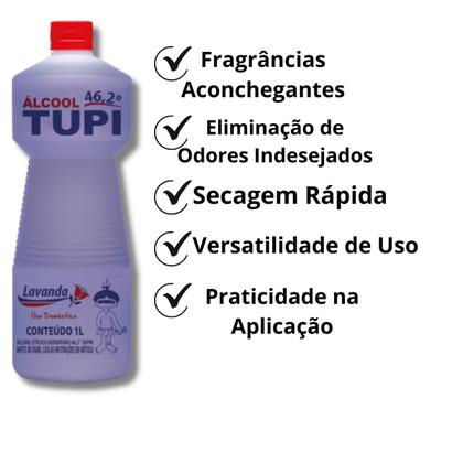 Imagem de Kit 2 Álcool Líquido 46,2 TUPI 1L Lavanda Limpeza Eficiente Secagem Rápida Perfume Duradouro