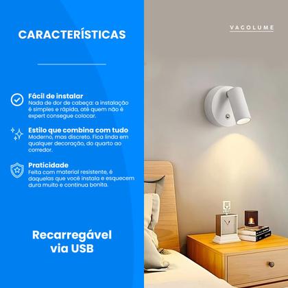 Imagem de Kit 2 Arandela Cabeceira LED Recarregável Magnética Interna