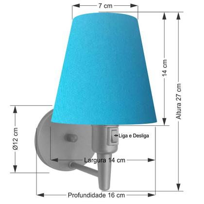 Imagem de Kit/2 Arandela Cone Md-2013 Cinza C/ Inter Liga e Desl Cúpula em Tecido Azul Turquesa - Bivolt