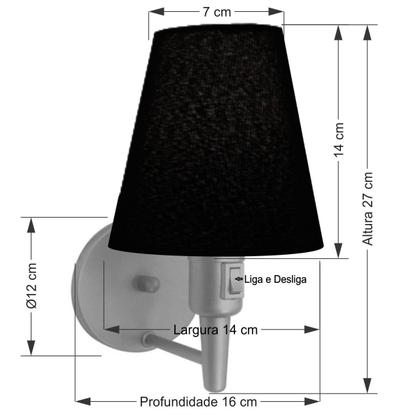 Imagem de Kit/2 Arandela Cone Md-2013 Cinza C/ Inter Liga e Desl Cúpula em Tecido Preto - Bivolt