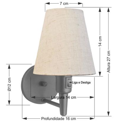 Imagem de Kit/2 Arandela Cone Md-2013 Cinza C/ Inter Liga e Desl Cúpula em Tecido Rustico Bege - Bivolt