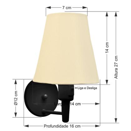 Imagem de Kit/2 Arandela Cone Md-2013 Preto C/ Inter Liga e Desl Cúpula em Tecido Algodão Crú - Bivolt