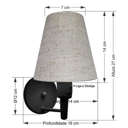 Imagem de Kit/2 Arandela Cone Md-2013 Preto C/ Inter Liga e Desl Cúpula em Tecido Rustico Bege - Bivolt