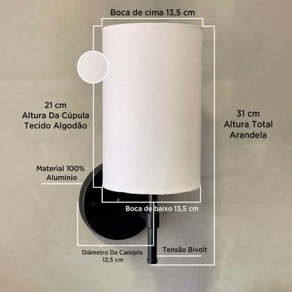 Imagem de Kit 2 Arandela Em Aluminio Com Cupula Tecido Algodao Soquete E27 Tensao Bivolt