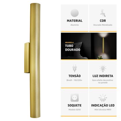 Imagem de Kit 2 Arandela Tubo Cilindro Aluminio Dourado 40cm + Lâmpada Led Branco Neutro