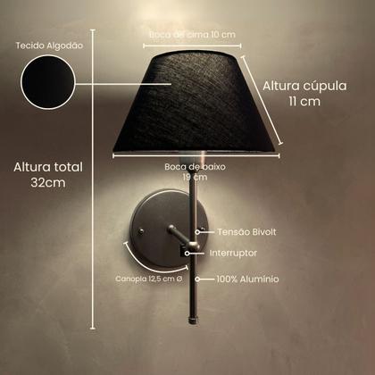 Imagem de Kit 2 Arandelas De Parede clássica Com Interruptor e Cúpula Ref 16 Para Cabeceira de Cama, Quarto, Sala, Casa, Lavabo