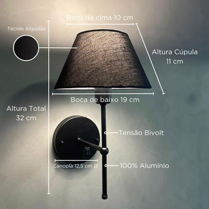 Imagem de Kit 2 Arandelas De Parede clássica Com Interruptor e Cúpula Ref 16 Para Cabeceira de Cama, Quarto, Sala, Casa, Lavabo