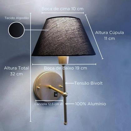 Imagem de Kit 2 Arandelas De Parede Clássica de Alumínio com Interruptor com cúpula Ref 16 com Lâmpada branco frio