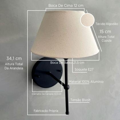 Imagem de Kit 2 Arandelas luminária De Parede Clássica de alumínio Com Cúpula Tecido Algodão Ref 19 Para Sala, cabeceira de cama, Quarto Corredor