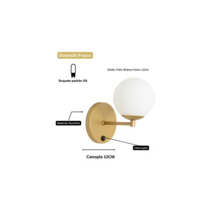 Imagem de Kit 2 Arandelas Parede Interna c/ Interruptor Dourado + Led