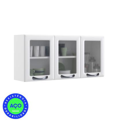 Imagem de Kit 2 Armários Aéreos Multiuso Itatiaia Aço 3 Portas Com Vidro New Premium Cozinha e Área de Serviço Branco Neve