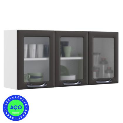Imagem de Kit 2 Armários Aéreos Multiuso Itatiaia Aço 3 Portas Com Vidro New Premium Cozinha e Área de Serviço Grafite