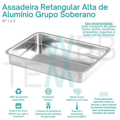 Kit 2 Assadeiras Retangular Alta nº5 Alumínio Sustentável para Assados, Bolos, Lasanha, Cozimento Uniforme, Fácil Limpeza, Uso Caseiro ou Profissional - Grupo Soberano Imagem de Kit 2 Assadeiras Retangular Alta nº5 Alumínio Sustentável para Assados, Bolos, Lasanha, Cozimento Uniforme, Fácil Limpeza, Uso Caseiro ou Profissional