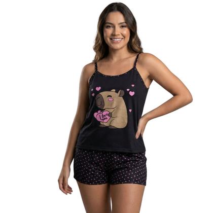 Imagem de KIT 2 Baby Doll Curto Capivara Bella Fiore Alcinha Pijama de Roupa Para Dormir Linha Noite Feminina Tamanho:GCor:Preto+