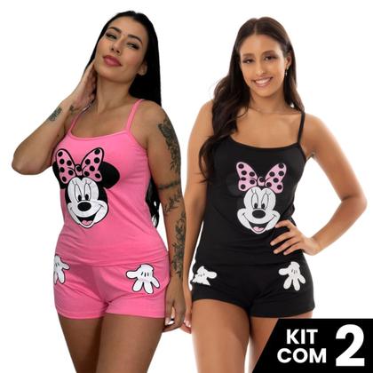 Imagem de Kit 2 Baby Dolls Short e Blusa de Alça Estampado Mãozinha Personagem Conjunto de Dormir Feminino