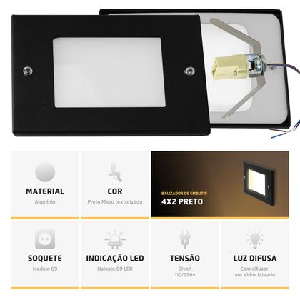 Imagem de Kit 2 Balizador de Embutir Escada Parede Preto 4x2 Alumínio + Lâmpada Led G9 5w Branco Frio 110V