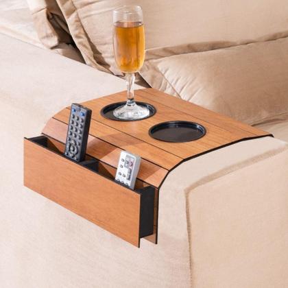 Imagem de Kit 2 Bandeja Esteira para Braço de Sofá MDF Cinamono com Porta Copos e Controle