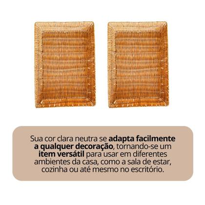 Imagem de Kit 2 Bandeja Retangularrattan pequena cestinha decorativa servir mesa cozinha café bancada frutas