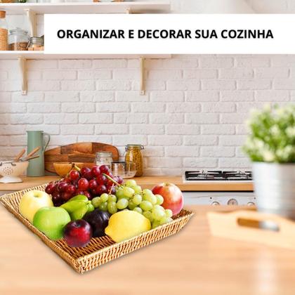 Imagem de Kit 2 Bandeja Retangularrattan pequena cestinha decorativa servir mesa cozinha café bancada frutas