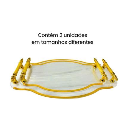 Imagem de Kit 2 Bandejas Abstratas Para Servir Drinks Festas Doces Decoração Em Acrílico Com Detalhes Dourado