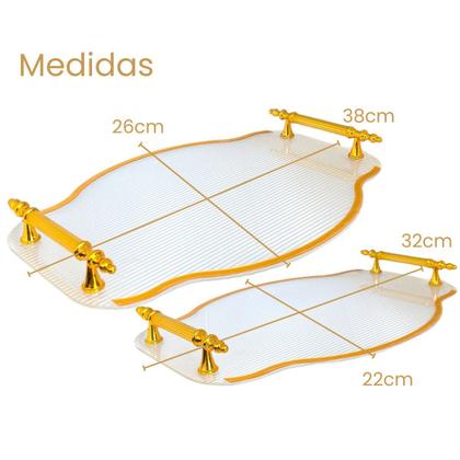 Imagem de Kit 2 Bandejas Abstratas Para Servir Drinks Festas Doces Decoração Em Acrílico Com Detalhes Dourado