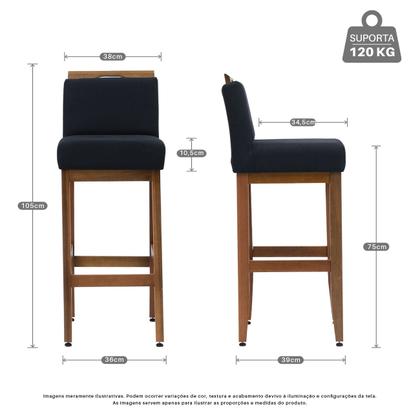 Imagem de Kit 2 Banqueta Alta Safira Para Cozinha De Madeira Maciça Estofada Com Encosto Para Bancada Americana E Área Gourmet