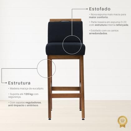 Imagem de Kit 2 Banqueta Alta Safira Para Cozinha De Madeira Maciça Estofada Com Encosto Para Bancada Americana E Área Gourmet