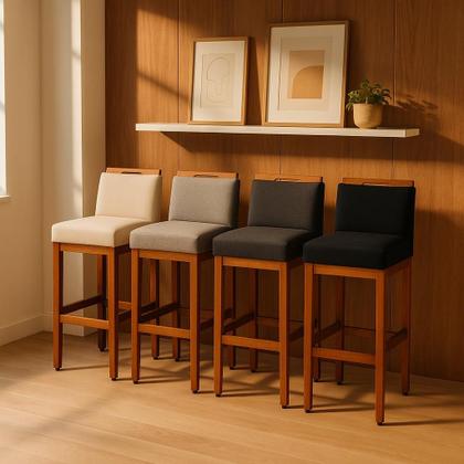 Imagem de Kit 2 Banqueta Alta Safira Para Cozinha De Madeira Maciça Estofada Com Encosto Para Bancada Americana E Área Gourmet