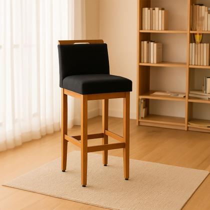 Imagem de Kit 2 Banqueta Alta Safira Para Cozinha De Madeira Maciça Estofada Com Encosto Para Bancada Americana E Área Gourmet