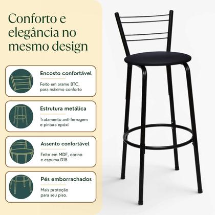 Imagem de Kit 2 Banqueta Bancos Alta Balcão Americana, Bar, Bancada, Cozinha Gourmet Flórida Estrutura Preta