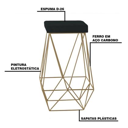 Imagem de Kit 2 Banqueta Decorativa Kathy Base Gold Veludo Preto G41 - Gran Belo