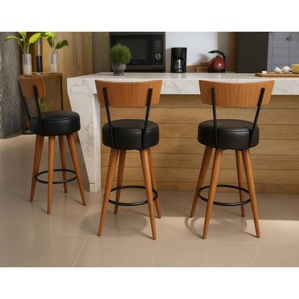 Imagem de Kit 2 Banqueta Média Cozinha Estofada Preta Com Encosto Madeira Urban