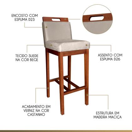 Imagem de Kit 2 Banquetas Alta Estofada com Encosto 104 Cm Veneza Madeira Maciça Suede Bege CCS