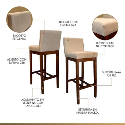 Imagem de Kit 2 Banquetas Alta Estofada para Bancada Lisboa Madeira Capuccino Suede Bege CCS