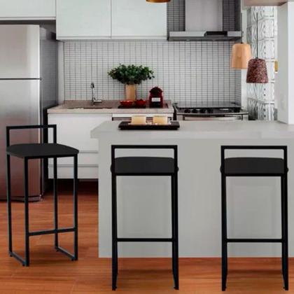 Imagem de Kit 2 Banquetas Alta Industrial Premium Bar Cozinha Bistrô Aço Dori Preta Assento Suede Preto