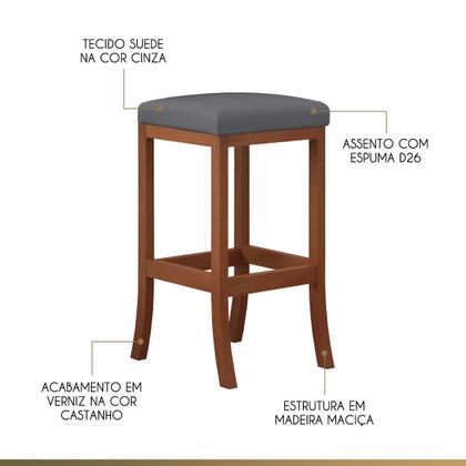 Imagem de Kit 2 Banquetas Alta para Bancada Barcelona Madeira Castanho Suede CCS
