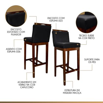 Imagem de Kit 2 Banquetas Alta para Bancada Ilha Líbia Madeira Capuccino Suede Preto CCS