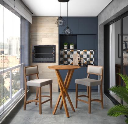 Imagem de Kit 2 Banquetas Altas Bar Luxo Comfort Banco Pés Em Madeira Maciça Balcão Área Gourmet Sacada Bege