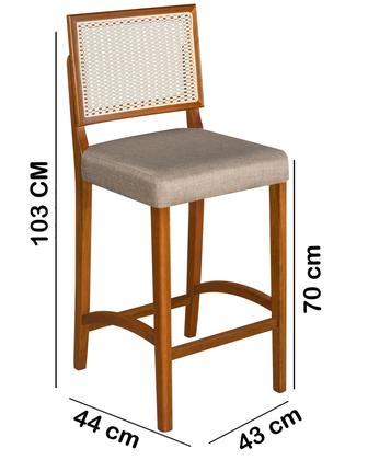 Imagem de Kit 2 Banquetas Altas Pés Em Madeira Maciça Com Encosto em Rattan e Assento Estofado  Conforto, Design Clássico e Elegância para Cozinha ou Balcão