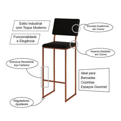 Imagem de Kit 2 Banquetas com Encosto Industrial e Moderna Nina Cobre e material sintético Preto