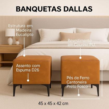 Imagem de Kit 2 Banquetas Decorativas Puf Dallas Com Pés de Ferro em sintético Camel Bela Manu Decor