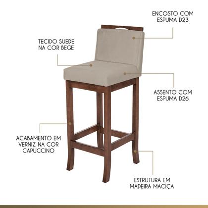 Imagem de Kit 2 Banquetas Média Balcão Cozinha Turim Madeira Capuccino Suede Bege CCS