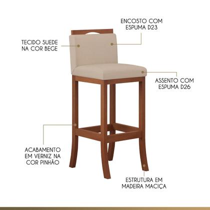Imagem de Kit 2 Banquetas Média Encosto Estofado 38x92 Cm Ilha Turim Madeira Maciça Pinhão Suede Bege CCS