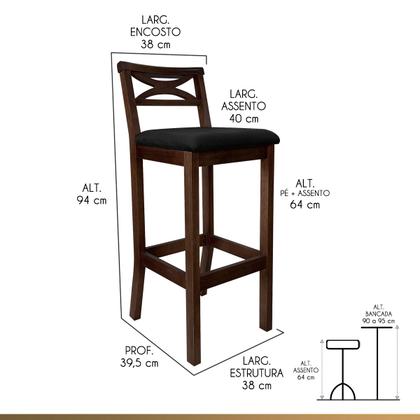 Imagem de Kit 2 Banquetas Media Estofada para Bancada Madri Madeira Capuccino Suede Preto CCS
