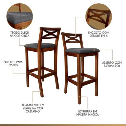 Imagem de Kit 2 Banquetas Média Estofada para Bancada Madri Madeira Castanho Suede Cinza CCS