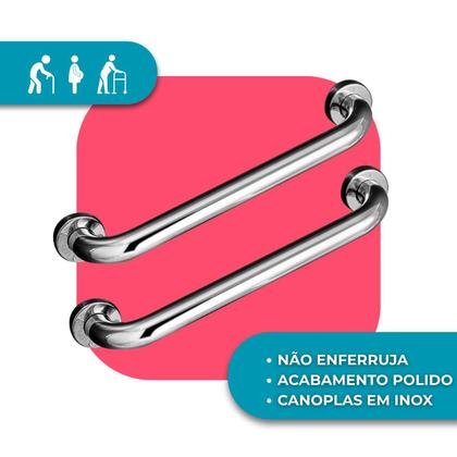 Imagem de Kit 2 Barras de Apoio Corrimao Segurança em banheiro 80cm Acessibilidade Aço Inoxidável Polido Para Chuveiro Com Kit Fixação Completo Tippi