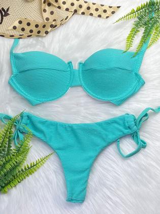 Imagem de Kit 2 Biquínis Cortininha Canelado e Retrô Meia Taça