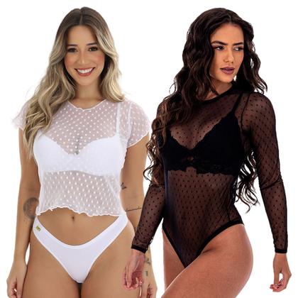 Imagem de Kit 2 Blusa Tshirt Manga Curta Tule Body Manga Longa Poá Fristyle