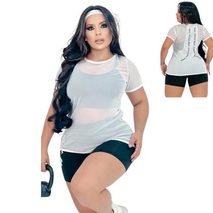 Imagem de Kit 2 Blusas Femininas Academia Tule Transparente Branca Regata e Camiseta